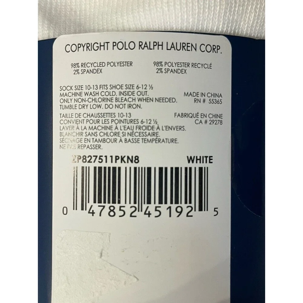 Polo Ralph Lauren Men’s Crew Socks 8-Pair Size 10-13 White MPN ZP827511PKN8